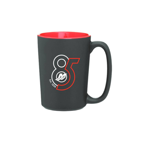 Black and red ceramic mug with handle