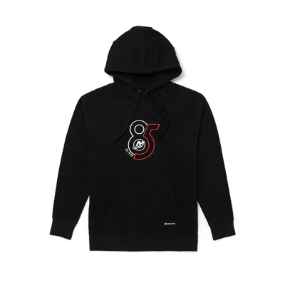 Image of a black hoodie with red and white 85th anniversary design