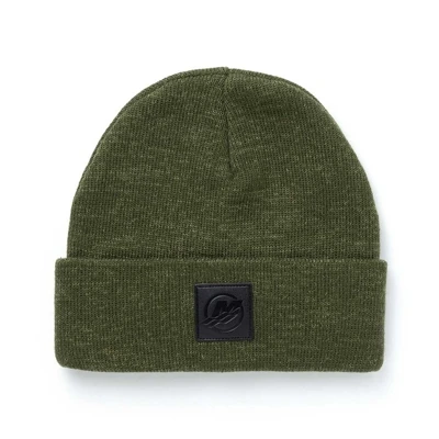 Image of a knit olive beanie with a black Mercury logo patch on the front