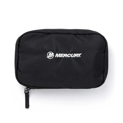 Image of a black tech accessory case with a white Mercury logo on it