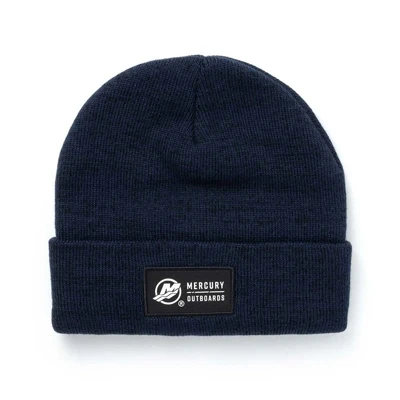 Image of a navy knit beanie with a white Mercury patch on the front