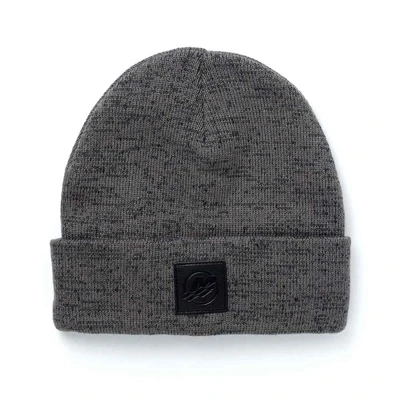 Image of a dark gray knit beanie with a black Mercury patch on the front