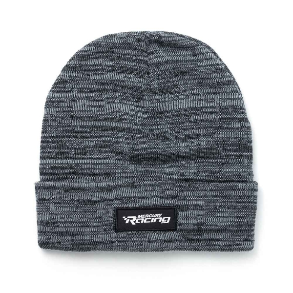 Image of a dark gray beanie with a black and white Mercury Racing patch on the front