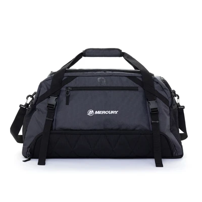 Image of a black and gray duffel bag with a white Mercury logo on it