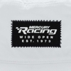 Image of a white bucket hat with a black Mercury Racing patch on the front