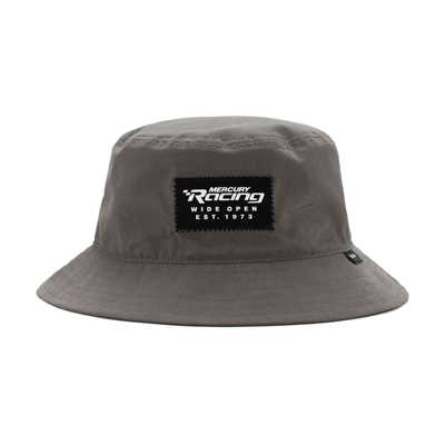 Image of a khaki bucket hat with a black and white Mercury Racing patch on the front