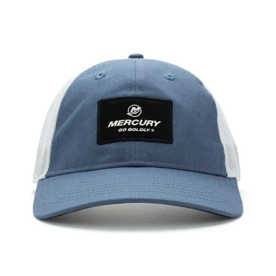 Image of a blue cap with white mesh back and black Mercury patch on the front