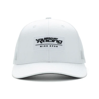 Image of a white cap with white mesh back and black Mercury Racing logo on front