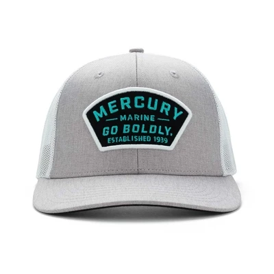 Image of a tan cap with white mesh back and black and blue Mercury logo on front
