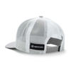 Image of a tan cap with white mesh back and black and blue Mercury logo on front