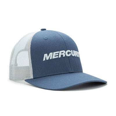 Left image of a blue cap with white mesh back and white Mercury logo on front