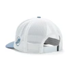 Image of a blue cap with white mesh back and white Mercury logo on front
