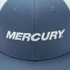 Image of a blue cap with white mesh back and white Mercury logo on front