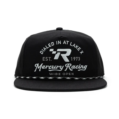 Image of a black hat with a white Mercury Racing design on it