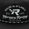 Image of a black hat with a white Mercury Racing design on it