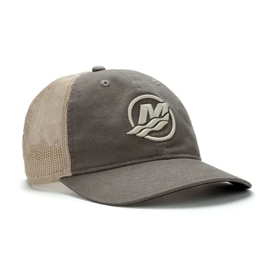 Image of a gray cap with tan mesh back and tan Mercury logo on front