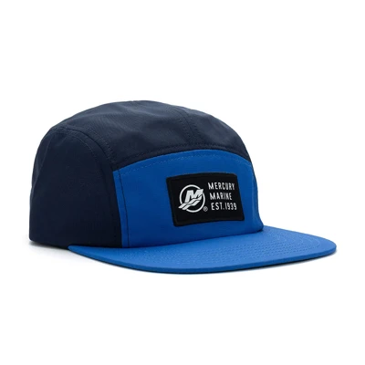 Image of a blue cap with a black and white Mercury patch on the front