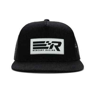 Image of a black hat with a white Mercury Racing patch on the front