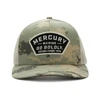 Image of a camo cap with tan mesh back and black and tan Mercury patch on the front