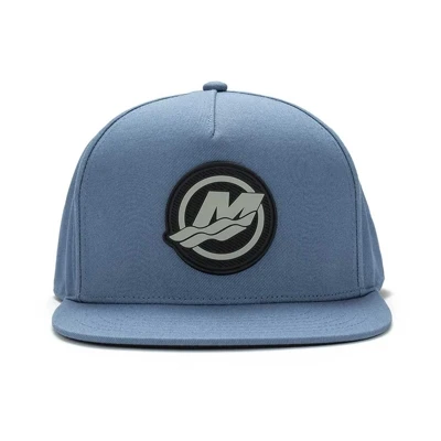 Image of a blue cap with a black and gray Mercury patch on the front
