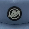 Image of a blue cap with a black and gray Mercury patch on the front