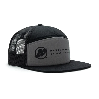 Image of a gray and black cap with a black Mercury design on the front
