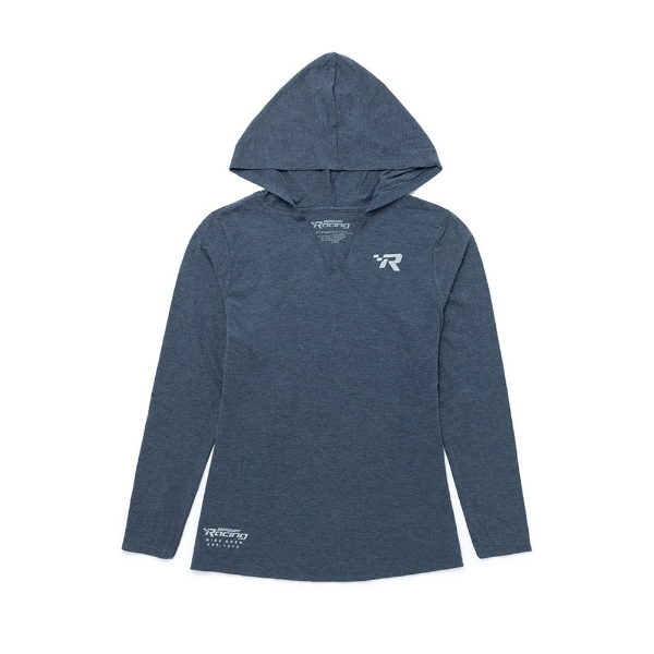 Image of the Mercury Racing Women's Hooded Long Sleeve with white Racing logo on the left chest and on the right hip