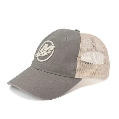 Left image of a gray cap with tan mesh back and tan Mercury logo