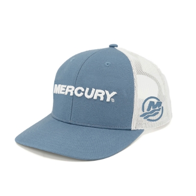 Left image of a blue cap with white mesh back and white Mercury logo on front