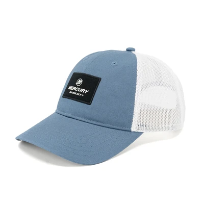 Left image of a blue cap with white mesh back and black Mercury patch on the front