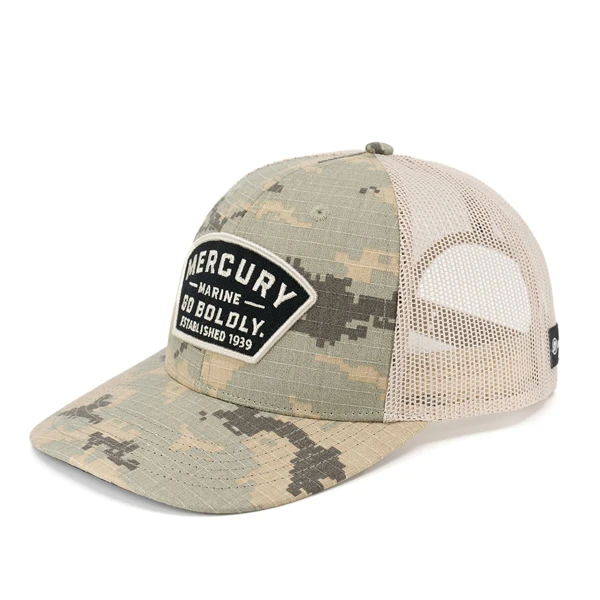 Left image of a camo cap with tan mesh back and black and tan Mercury patch on the front	
