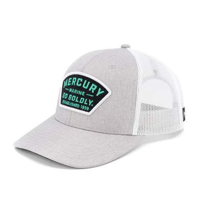 Left Image of a tan cap with white mesh back and black and blue Mercury logo on front