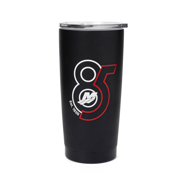 Image of a black travel mug with red and white 85th anniversary design