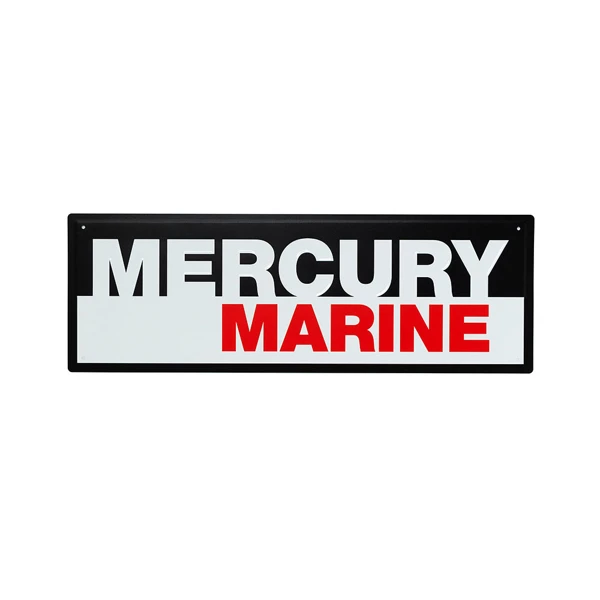 Image of a tin sign with black and red Mercury Marine logo