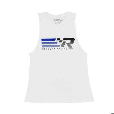 Image of a white tank with black and blue Mercury Racing design