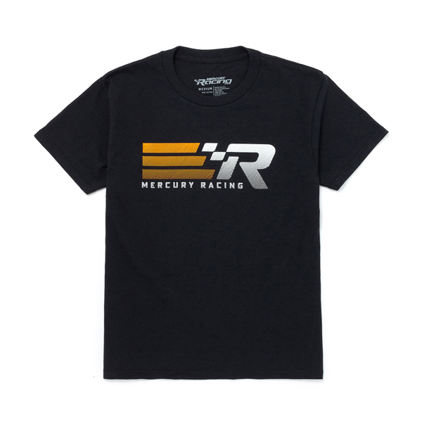 Image of a black tee with white and yellow Mercury Racing design