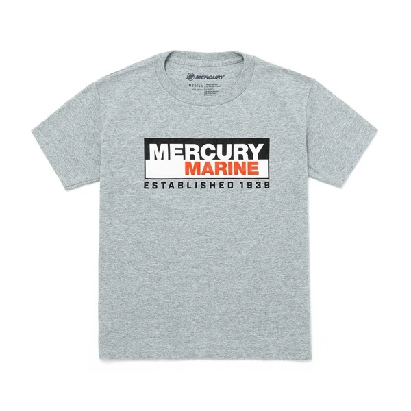 Image of a gray tee with black, white and red Mercury Marine logo