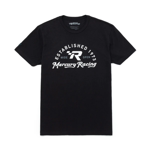 Image of a black tee with white Mercury Racing design