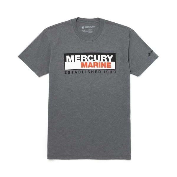 Image of a gray tee with white, black and red Mercury Marine logo