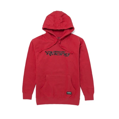 Image of a red hoodie with black Mercury Racing logo