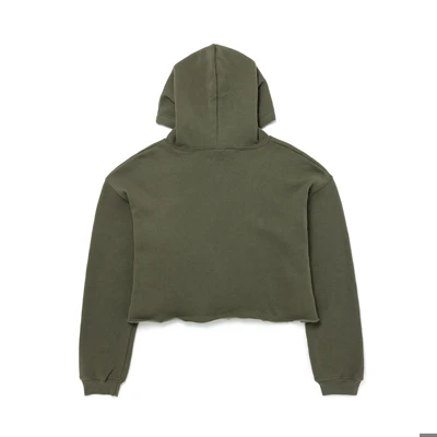 Image of a green cropped hoodie with white Mercury logo