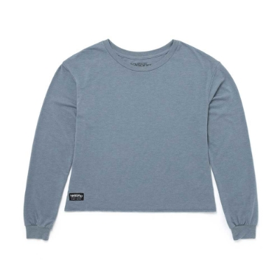 Image of a blue cropped long sleeve tee with black and white Mercury logo