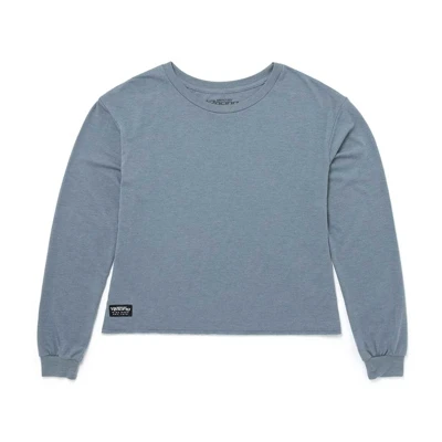 Image of a blue cropped long sleeve tee with black and white Mercury logo
