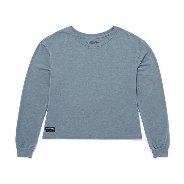 Image of a blue cropped long sleeve tee with black and white Mercury logo