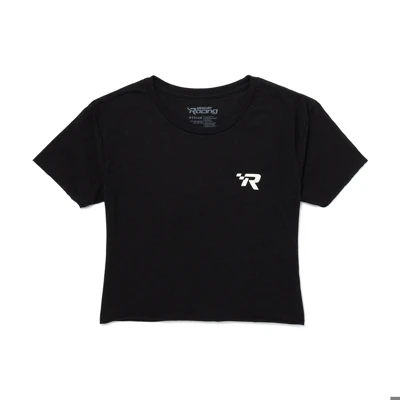 Image of a black crop top with white Mercury Racing logo on front and back