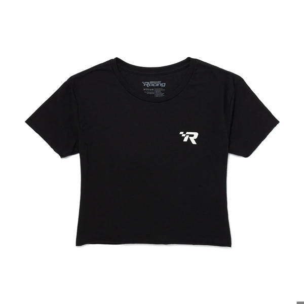 Image of a black crop top with white Mercury Racing logo on front and back