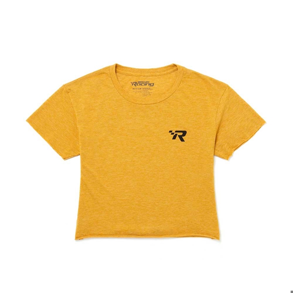 Image of a yellow crop top with black Mercury Racing logo on front and back
