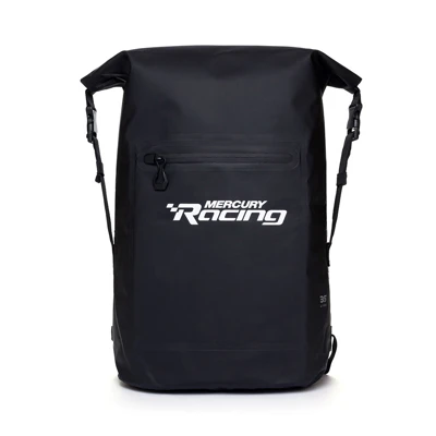 Image of a black waterproof backpack with white Mercury Racing logo