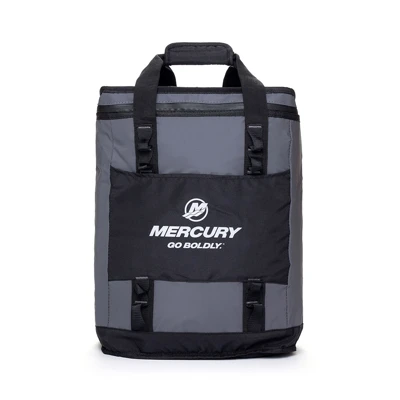 Image of a gray cooler backpack with white Mercury logo