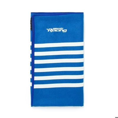 Image of a blue towel with white stripes and Mercury Racing logo